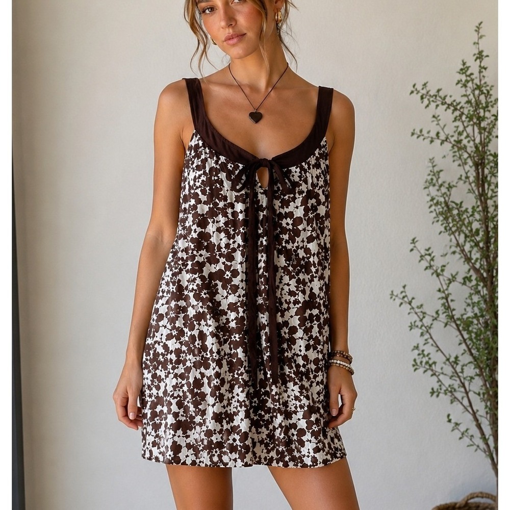 Velvet Graham Spencer Y2K Brown Floral Mini Swing Dress Sz S Cotton Pockets Boho
